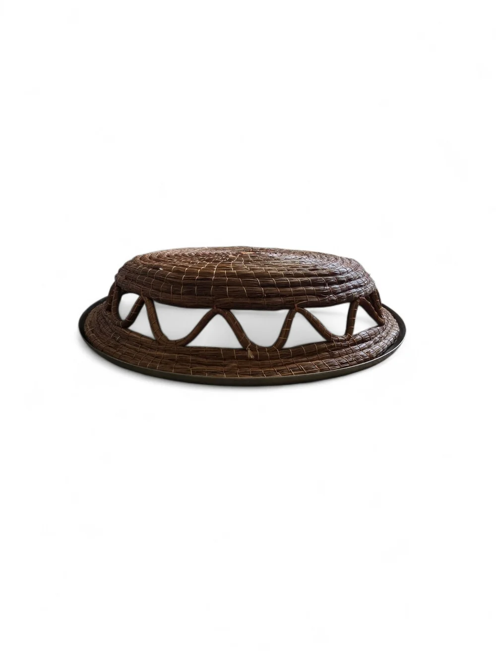 Vintage Rattan & Metal Rim Serving Tray / Boho Woven Basket Centerpiece